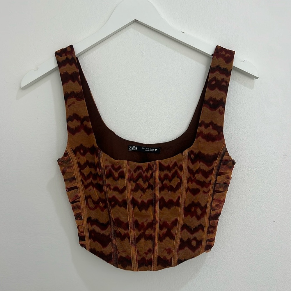 Zara Brown Patterned Y2K Corset Women's Top